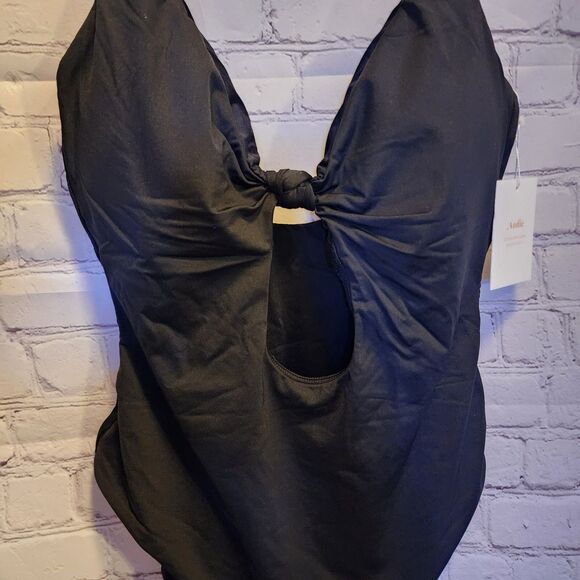 Andie Swimsuit Womens Large Black Santorini One Piece Cut Out Mid Low Back - Picture 1 of 9